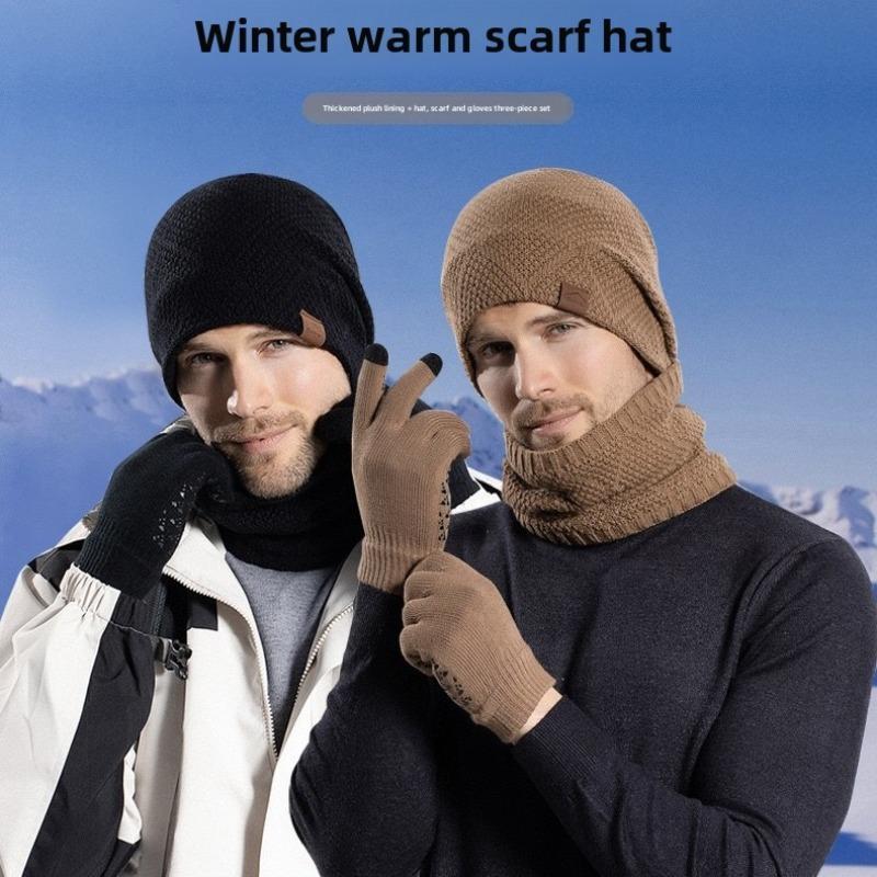 Winter Sports Hat & Gloves & Scarf Set, 3 Counts set Knit Warm Hat & Gloves & Scarf, Touch Screen Gloves, Outdoor Sports Accessories for Men