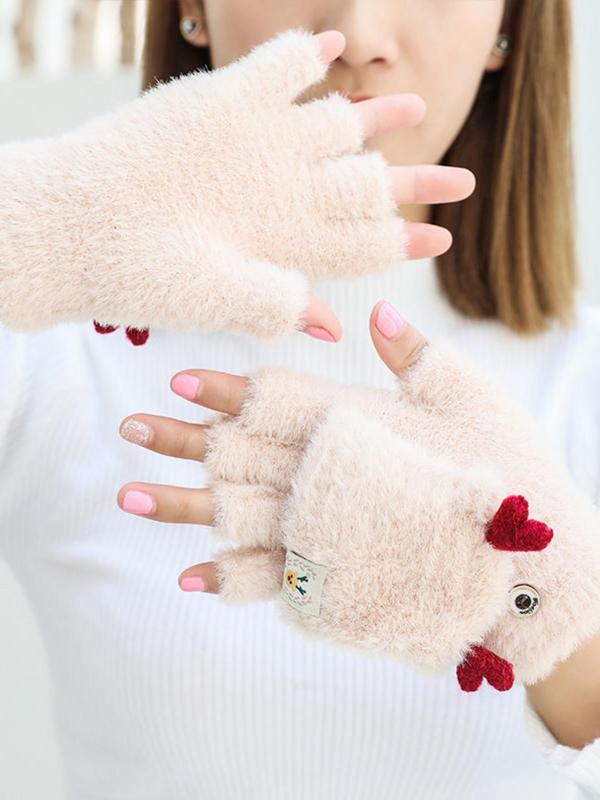 Cute Deer Design Women's Fingerless Gloves  with Flip Cover , Casual Trendy Warm Gloves for Fall & Winter, Fashionable Gloves for Women & Girls for Daily Use