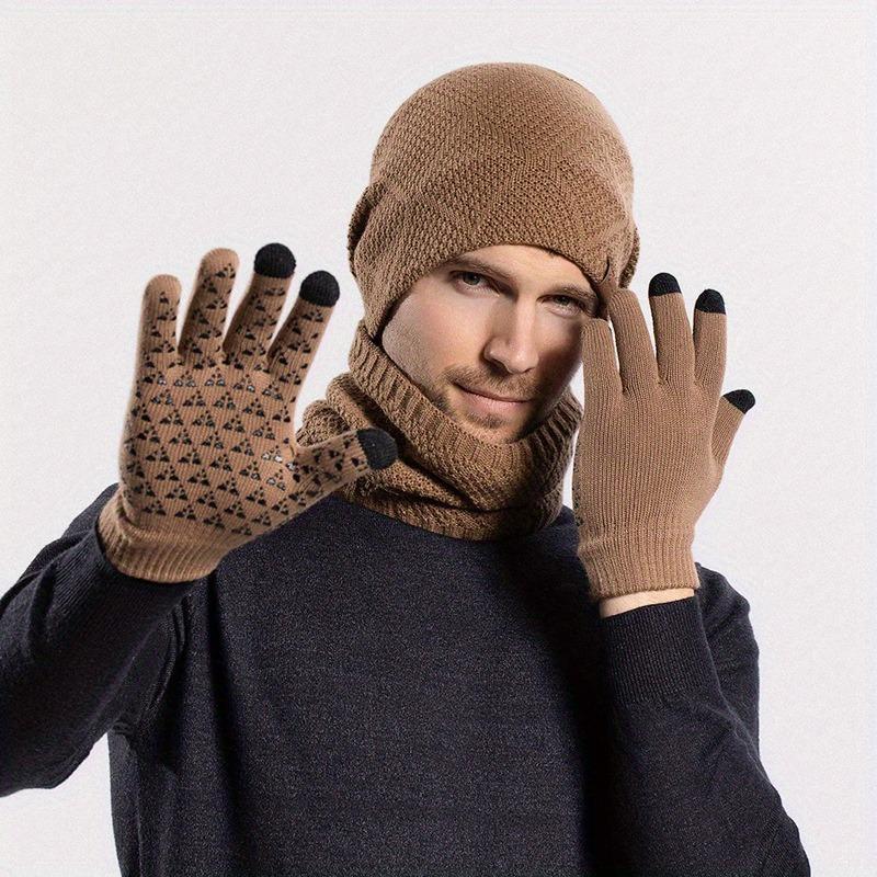 Winter Sports Hat & Gloves & Scarf Set, 3 Counts set Knit Warm Hat & Gloves & Scarf, Touch Screen Gloves, Outdoor Sports Accessories for Men