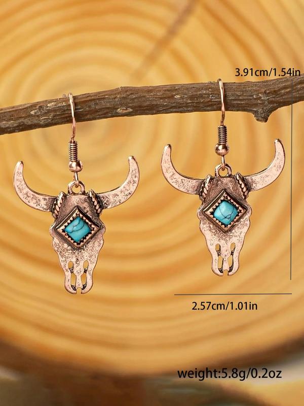 Vintage Cow Head Design Dangle Earrings (1 Pair), Turquoise Texture Decor Drop Earrings, Fashion Jewelry Accessories for Women