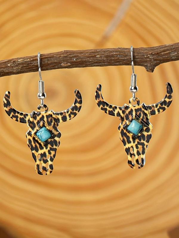 Vintage Cow Head Design Dangle Earrings (1 Pair), Turquoise Texture Decor Drop Earrings, Fashion Jewelry Accessories for Women