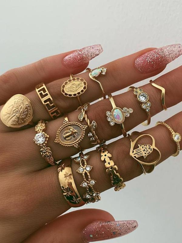 Boho Style Rhinestone Decorated Ring, 15pcs set Fashion Jewelry for Women & Girls for Party, Daily Clothing Decor, Trendy All-match & Exquisite Jewelry for Birthday Gift