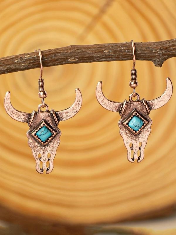 Vintage Cow Head Design Dangle Earrings (1 Pair), Turquoise Texture Decor Drop Earrings, Fashion Jewelry Accessories for Women