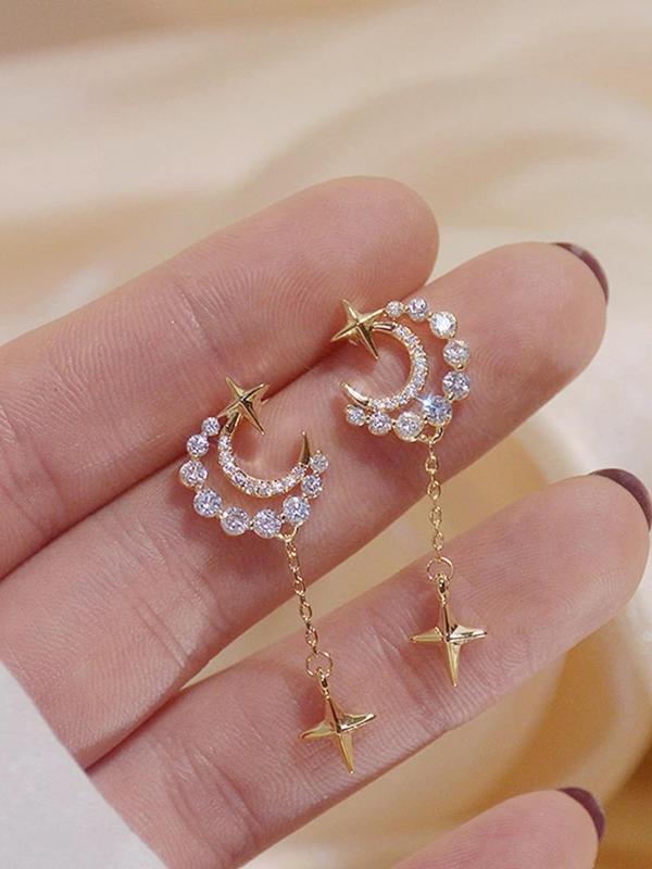 Hollow Out Moon Design Dangle Earrings, with Rhinestone Decor & Star Design, Elegant Drop Earrings for Women, Suitable for Party, Daily Clothing Decor