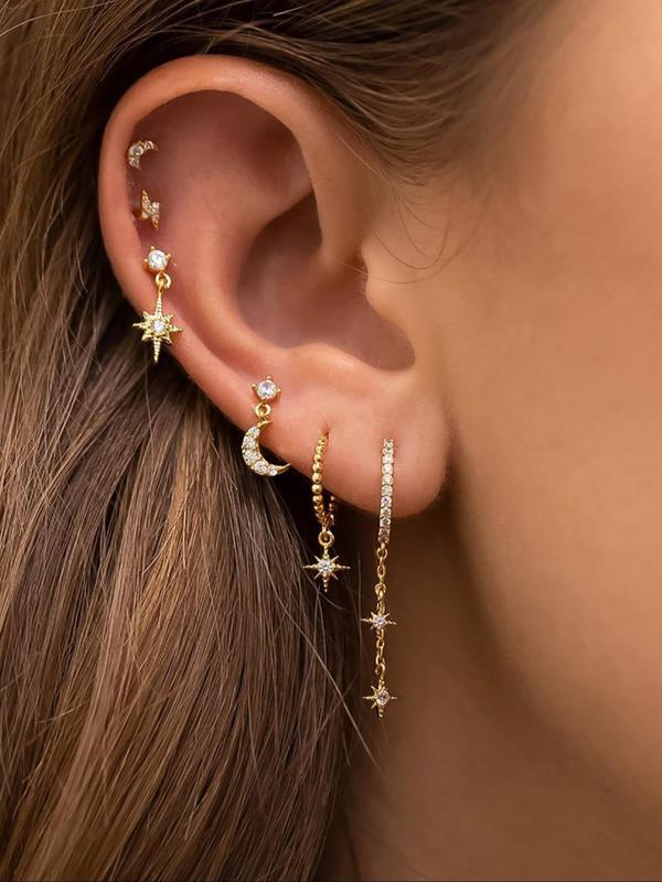 Women's Elegant Rhinestone Decorated Earrings Set, Trendy Exquisite Chain & Star Design Dangle & Stud Earrings, Chic Gorgeous Jewelry As Gift for Girlfriend