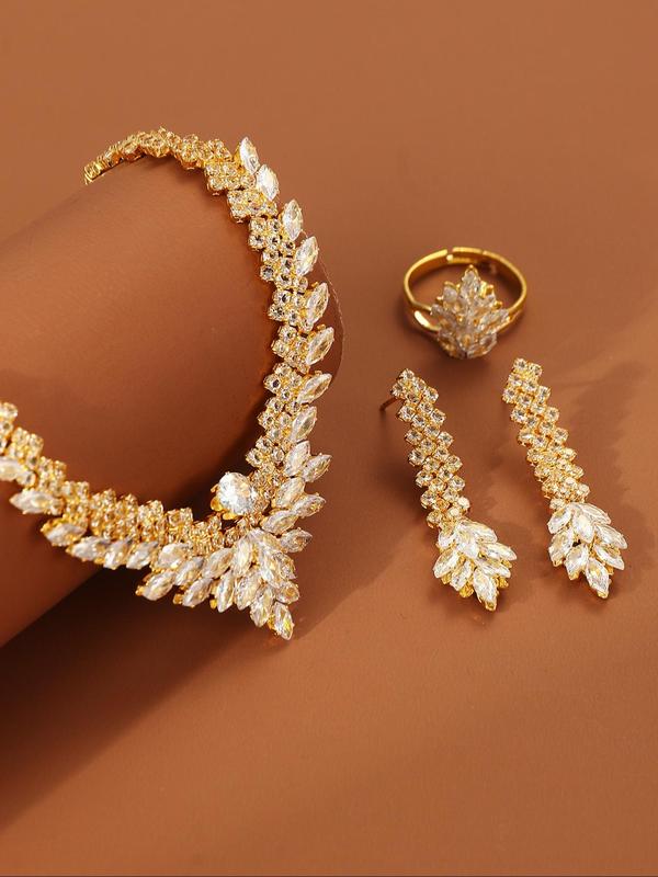 Women's Elegant Rhinestone Decorated Jewelry Set, Exquisite Trendy Necklace & Bracelet & Earrings & Ring, Fashionable Jewelry Set for Party Decoration