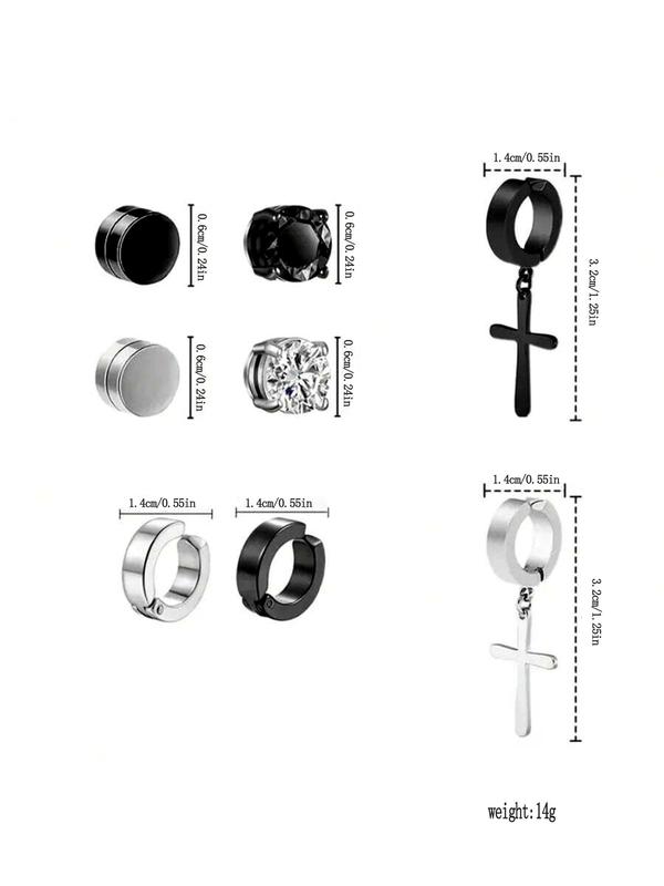 Men's Punk Style Magnetic Earrings, Exquisite Trendy Rhinestones Decor Ear Cuffs, Fashionable Cross Design Stainless Steel Jewelry for Party & Daily Decoration