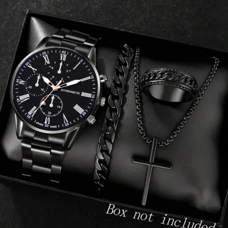 4pcs Set Simple Alloy Black Quartz Watch With Necklace, Bracelet, Ring