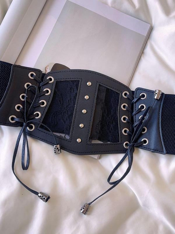 Women's Vintage Lace Up Wide Belt, 2024 New Style Fashionable Contrast Lace Design Waistband for Jeans & Dress, Trendy All-match & Exquisite Belt for Outfit Matching