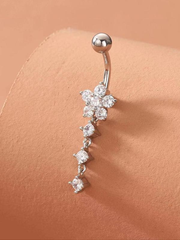 Women's Elegant Rhinestone Decor Belly Ring, Trendy Flower Design Belly Piercing Ring, Chic Body Jewelry for Women for Party Decor