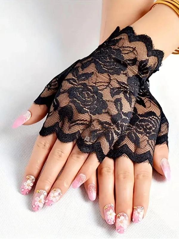  Floral Pattern Lace Hollow out Design Gloves (1 Pair), Elegant Fashion Gloves for Wedding Party, Wedding Bridal Gloves