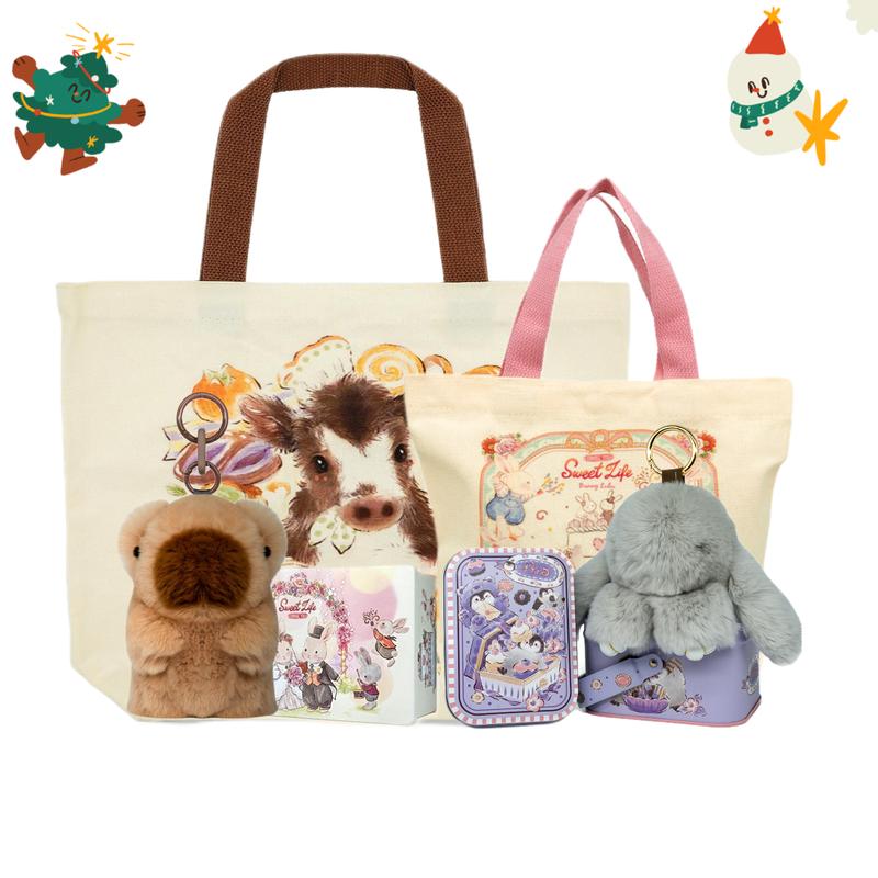 4 Pcs Boys Choice Gift Bundle -  Brown Capybara & Grey Bunny PomPom Keychain with 1 Big Highland Cow Canvas Tote Bag, Holiday Christmas Gift Set