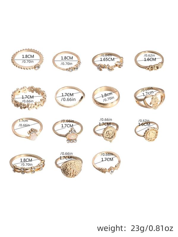 Boho Style Rhinestone Decorated Ring, 15pcs set Fashion Jewelry for Women & Girls for Party, Daily Clothing Decor, Trendy All-match & Exquisite Jewelry for Birthday Gift