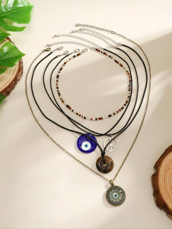 Women's Boho Style Vintage Pendant Necklace, 2024 New Style Streetwear Colorful Beaded & Evil Eye Decor Necklace, 2024 Trendy Pendant Necklace, Fashionable Jewelry, Y2k Accessories