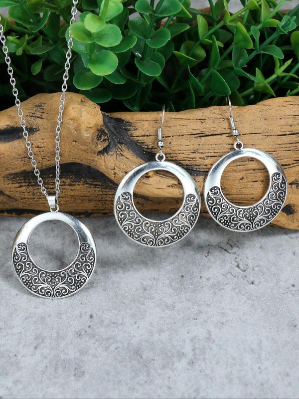 Boho Ethnic Style Hollow Out Design Dangle Earrings & Necklace (3counts set), Vintage Jewelry Set for Women, Fashion Accessories for Party, Daily Clothing Decor