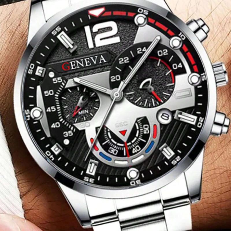 3pcs Fashion Men's Business Calendar Watch Set - Black Bracelet, Spearhead Pendant Necklace, Stainless Steel Quartz Watch