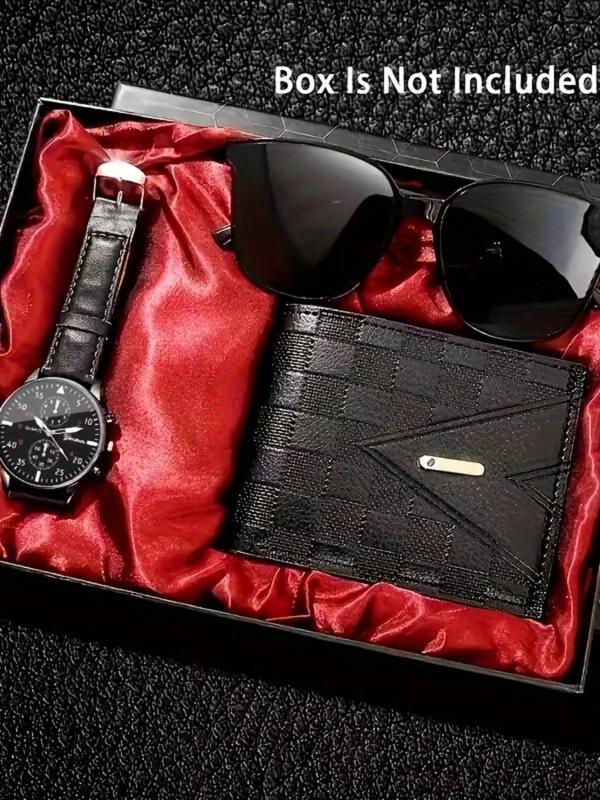 Men's Fashion Quartz Watch & Plaid Pattern Wallet & Sunglasses Set, Casual Style Wristwatch & Wallet & Sunglasses, Trendy Watch Set for Men As Gift,