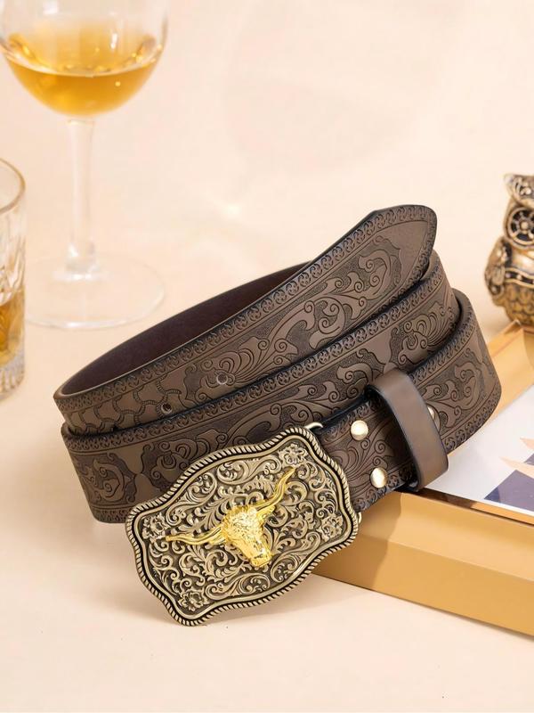 Boho Style Ethnic Pattern Bull Head PU Leather Belt, Vintage Cowboy Style Buckle Belt, Fashionable Accessories for Women & Men