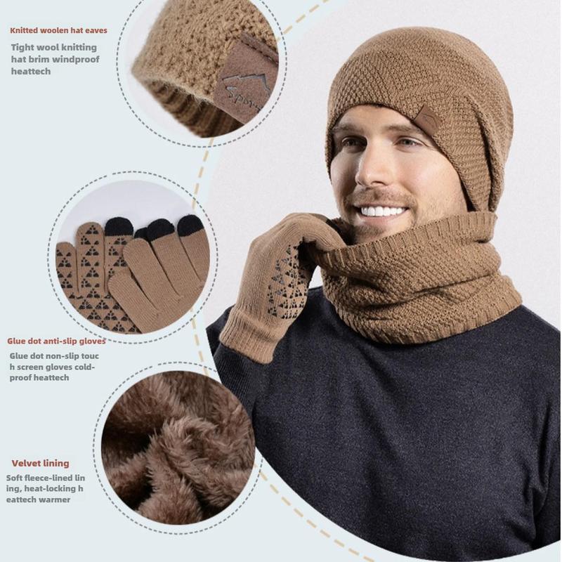 Winter Sports Hat & Gloves & Scarf Set, 3 Counts set Knit Warm Hat & Gloves & Scarf, Touch Screen Gloves, Outdoor Sports Accessories for Men