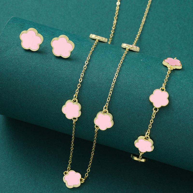 Elegant Flower Design Vintage Jewelry Set, Including Stud Earrings, Charm Necklace & Matching Bracelet, Fashion Summer 2024 Cool Female Accessories for Women & Girls