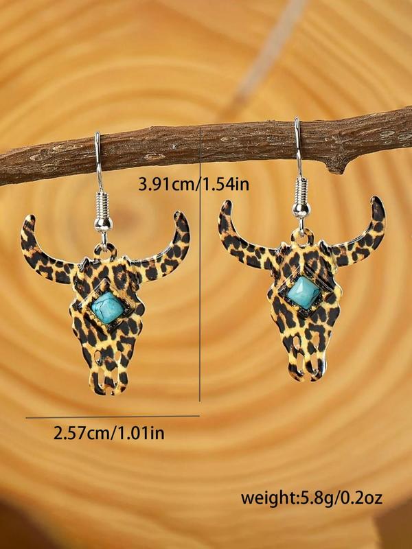 Vintage Cow Head Design Dangle Earrings (1 Pair), Turquoise Texture Decor Drop Earrings, Fashion Jewelry Accessories for Women