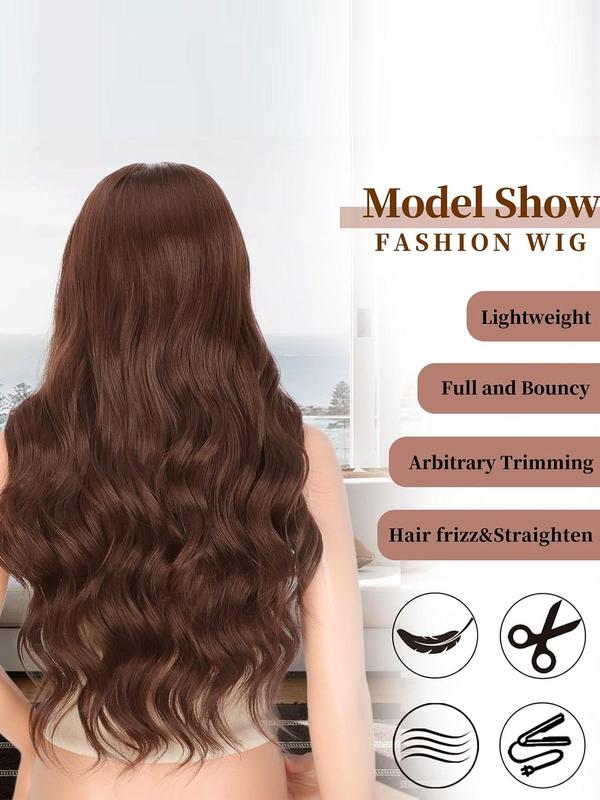 26 Inch Brown Long Wavy Wigs for Women, Gorgeous Fluffy Wigs without Bangs, Synthetic Wigs Middle Part Natural Looking Wigs for Daily Party Use