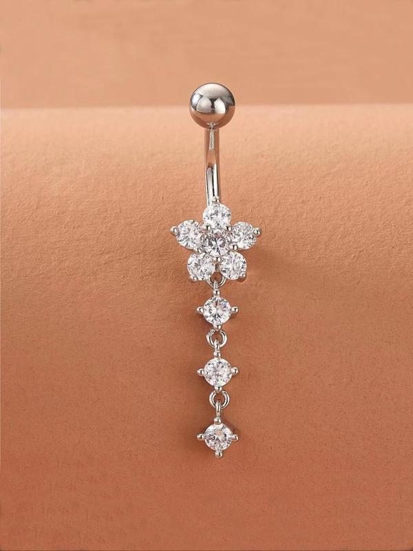 Women's Elegant Rhinestone Decor Belly Ring, Trendy Flower Design Belly Piercing Ring, Chic Body Jewelry for Women for Party Decor