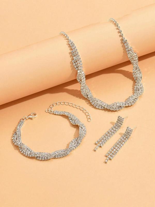 Women's Elegant Rhinestone Decorated Jewelry Set, Twist Design Necklace & Tassel Design Dangle Earrings & Bracelet, Fashion Jewelry for Party, Daily Decor, Trendy All-match Jewelry for Gift