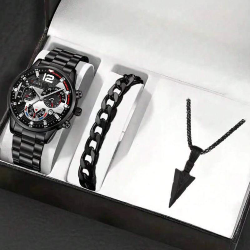 3pcs Fashion Men's Business Calendar Watch Set - Black Bracelet, Spearhead Pendant Necklace, Stainless Steel Quartz Watch