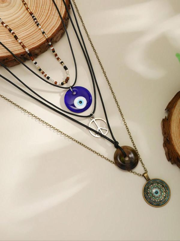 Women's Boho Style Vintage Pendant Necklace, 2024 New Style Streetwear Colorful Beaded & Evil Eye Decor Necklace, 2024 Trendy Pendant Necklace, Fashionable Jewelry, Y2k Accessories