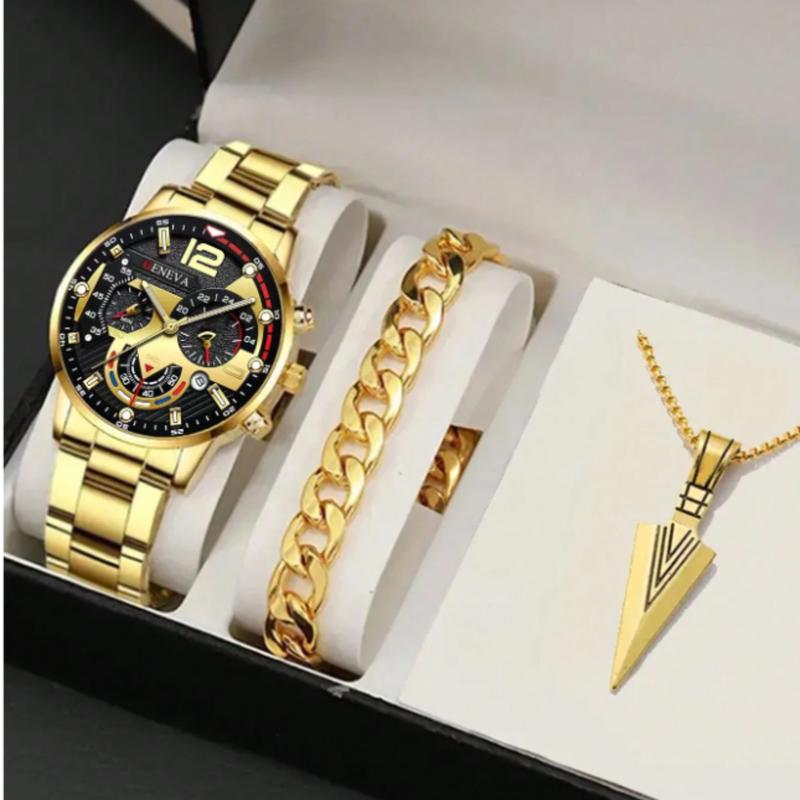 3pcs Fashion Men's Business Calendar Watch Set - Black Bracelet, Spearhead Pendant Necklace, Stainless Steel Quartz Watch