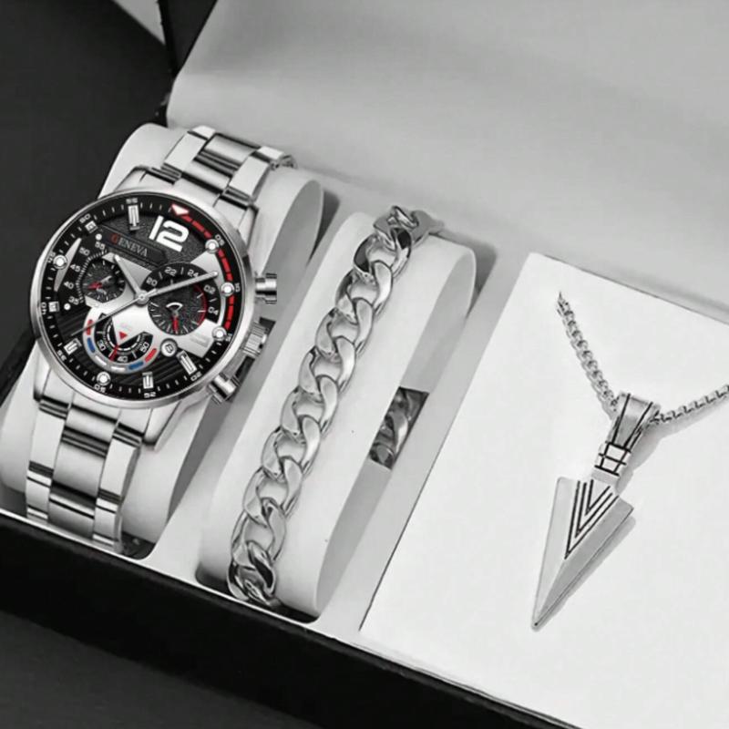 3pcs Fashion Men's Business Calendar Watch Set - Black Bracelet, Spearhead Pendant Necklace, Stainless Steel Quartz Watch