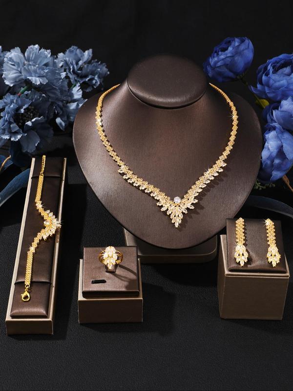 Women's Elegant Rhinestone Decorated Jewelry Set, Exquisite Trendy Necklace & Bracelet & Earrings & Ring, Fashionable Jewelry Set for Party Decoration