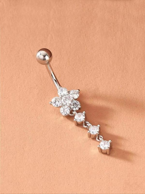 Women's Elegant Rhinestone Decor Belly Ring, Trendy Flower Design Belly Piercing Ring, Chic Body Jewelry for Women for Party Decor