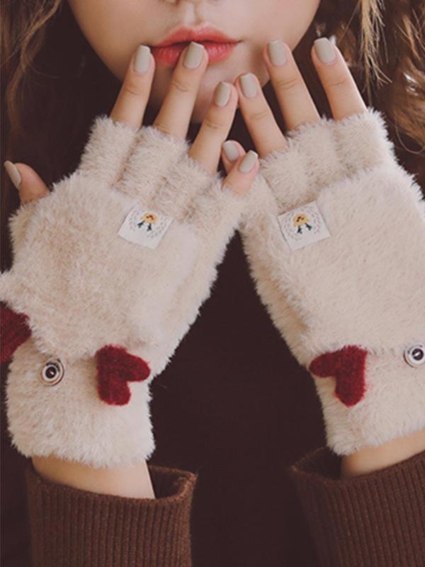 Cute Deer Design Women's Fingerless Gloves  with Flip Cover , Casual Trendy Warm Gloves for Fall & Winter, Fashionable Gloves for Women & Girls for Daily Use