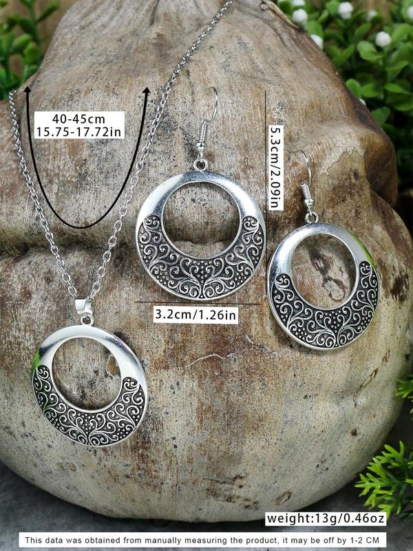 Boho Ethnic Style Hollow Out Design Dangle Earrings & Necklace (3counts set), Vintage Jewelry Set for Women, Fashion Accessories for Party, Daily Clothing Decor