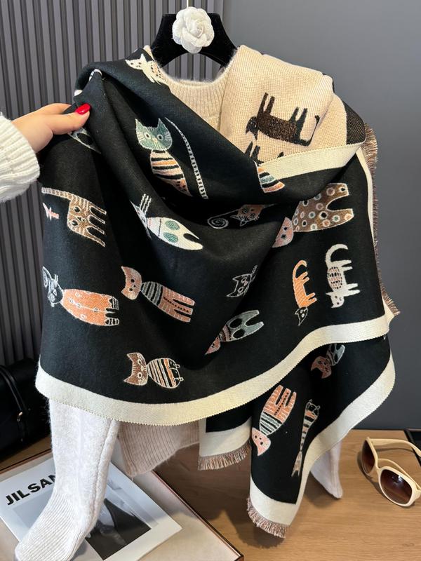 Cute Cartoon Kitten Print Scarf, Casual Soft Shawl for Fall & Winter, Warm Scarf for Women & Men, Perfect for Winter's Gifts