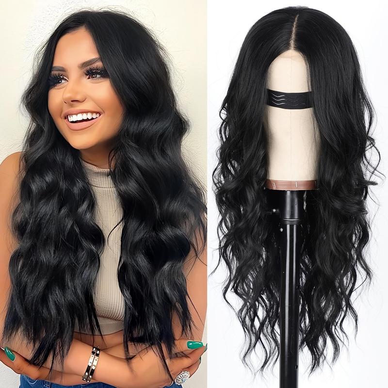 [ AISI HAIR ] Black Wig for Women, Long Wavy Lace Hairline Wig, 26 Inch Middle Part Synthetic Heat Resistant Wig for Daily Party