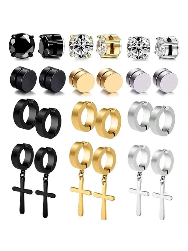 Men's Punk Style Magnetic Earrings, Exquisite Trendy Rhinestones Decor Ear Cuffs, Fashionable Cross Design Stainless Steel Jewelry for Party & Daily Decoration