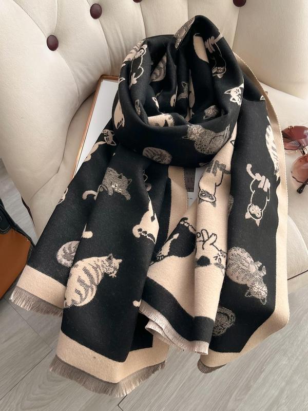 Cute Cartoon Kitten Print Scarf, Casual Soft Shawl for Fall & Winter, Warm Scarf for Women & Men, Perfect for Winter's Gifts