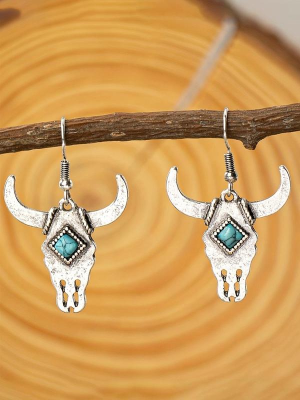 Vintage Cow Head Design Dangle Earrings (1 Pair), Turquoise Texture Decor Drop Earrings, Fashion Jewelry Accessories for Women