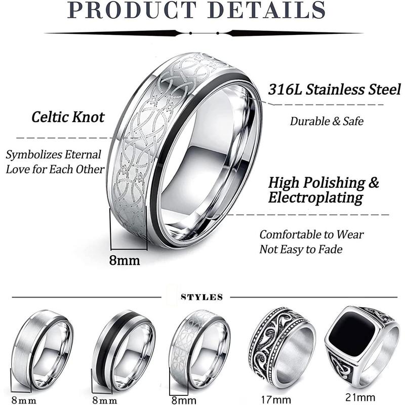 FLORIDECO 7 Pcs Set Men's Rings Set Silver Matte Polished Celtic Knot Vintage Design - Engraved Gothic Biker Rings - Perfect for Daily Wear and Special Occasions