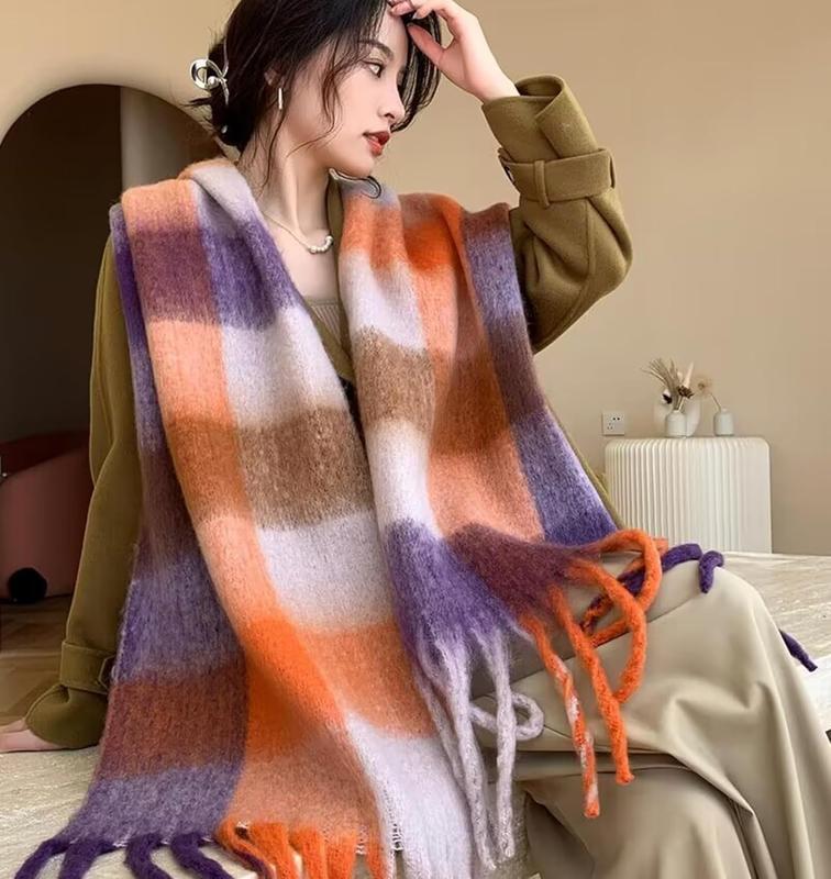 Womens Winter Scarf Chunky Plaid  Scarf Big Casual Tassel Thick Blanket Scarf Coloured Warm Shawl Wrap