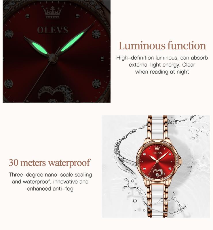 OLEVS Automatic Watch for Women Self Winding Ladies Diamond Wrist Watch Luxury Dress Rose Gold Ceramic Watch for Women Love Heart Date