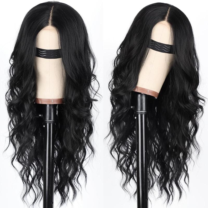 [ AISI HAIR ] Black Wig for Women, Long Wavy Lace Hairline Wig, 26 Inch Middle Part Synthetic Heat Resistant Wig for Daily Party