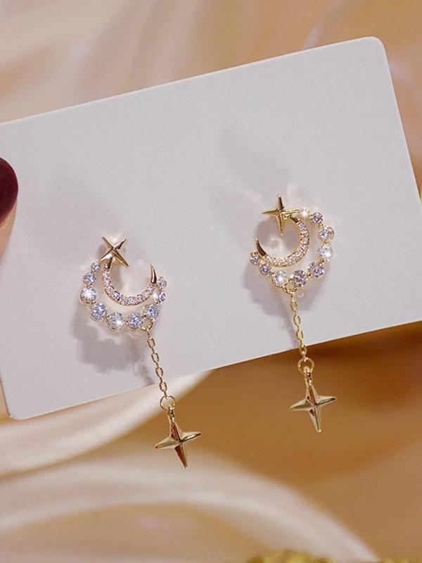 Hollow Out Moon Design Dangle Earrings, with Rhinestone Decor & Star Design, Elegant Drop Earrings for Women, Suitable for Party, Daily Clothing Decor