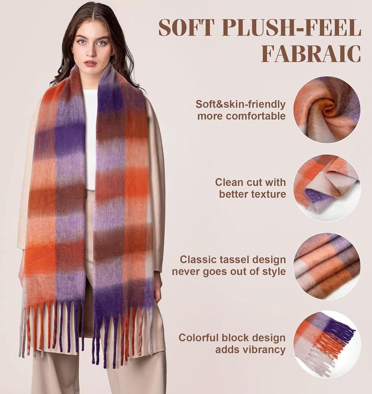 Womens Winter Scarf Chunky Plaid  Scarf Big Casual Tassel Thick Blanket Scarf Coloured Warm Shawl Wrap