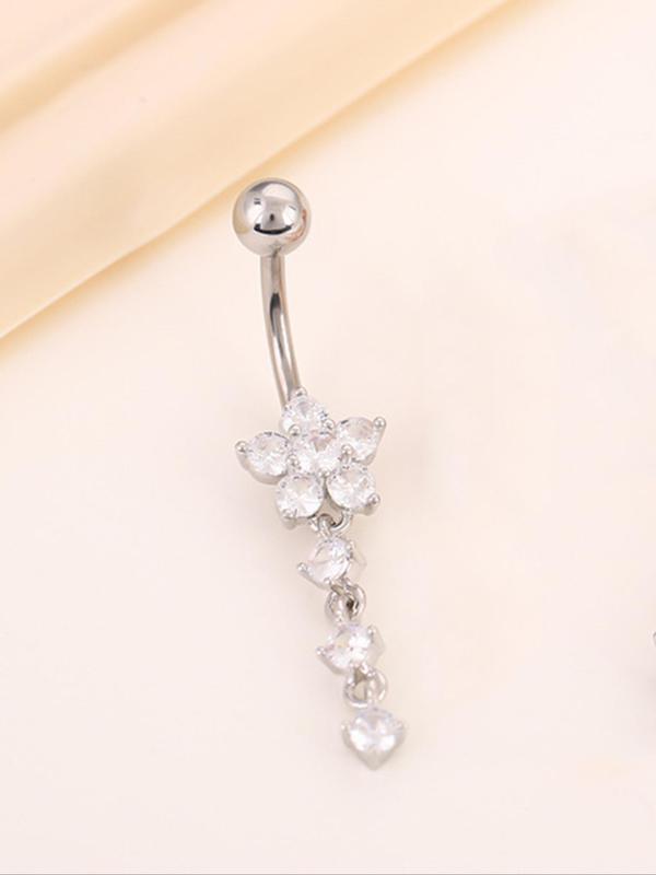 Women's Elegant Rhinestone Decor Belly Ring, Trendy Flower Design Belly Piercing Ring, Chic Body Jewelry for Women for Party Decor