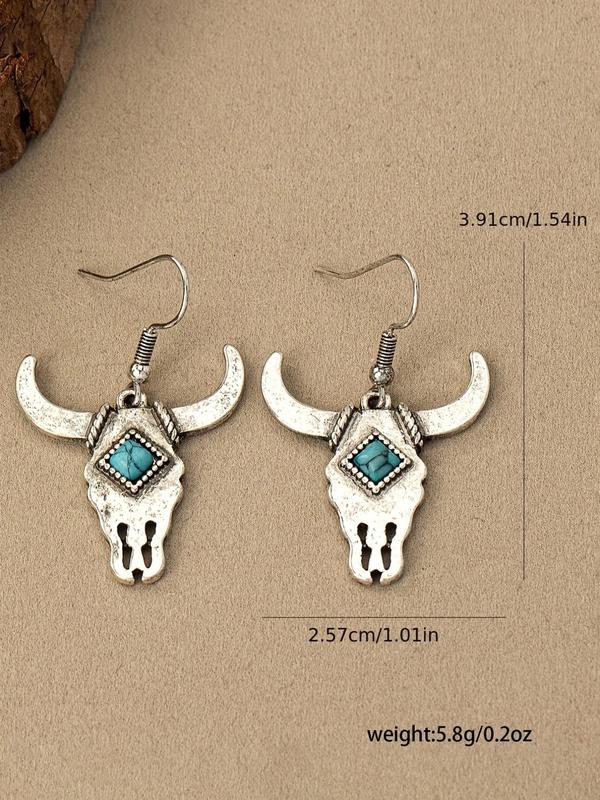 Vintage Cow Head Design Dangle Earrings (1 Pair), Turquoise Texture Decor Drop Earrings, Fashion Jewelry Accessories for Women