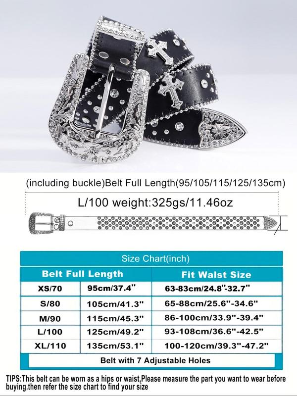 Punk Rhinestone & Cross Decor Designer Studded Belt Buckle for Jeans, Summer 2024 New Trendy Y2k Cross Western Belt for Women & Men, Casual Waistband for Party & Back To School, for Fall